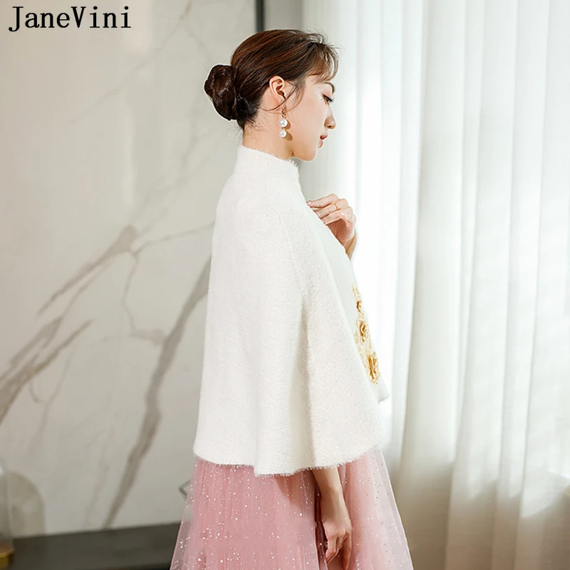 JaneVini Ivory Mink Fur Bride Jacket Shrug Appliqued Beaded Pin Winter Party Capes Faux Fur Shawl Wrap Bridal Shawls Stole Cloak