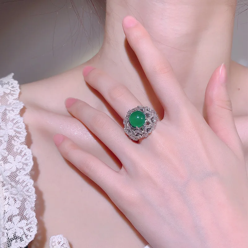 فاخر كامل الماس مزاجه يوان الشكل الملكي الأزرق الأحمر اكسيد الالمونيوم الزركون الأخضر العقيق الدائري الصقيل حلقة مفتوحة للنساء #3