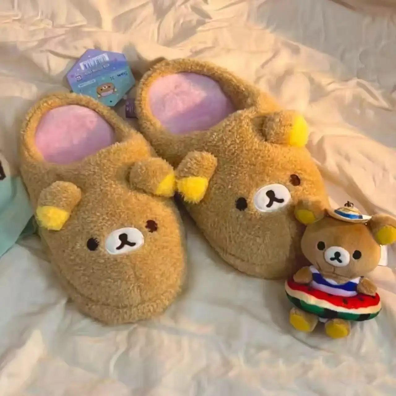 

Kawaii Rilakkuma Plush Slippers Cute Cartoon Autumn Winter Warm Cotton Slippers Ultra Soft Indoor Slippers Floor Shoes Girl Gift