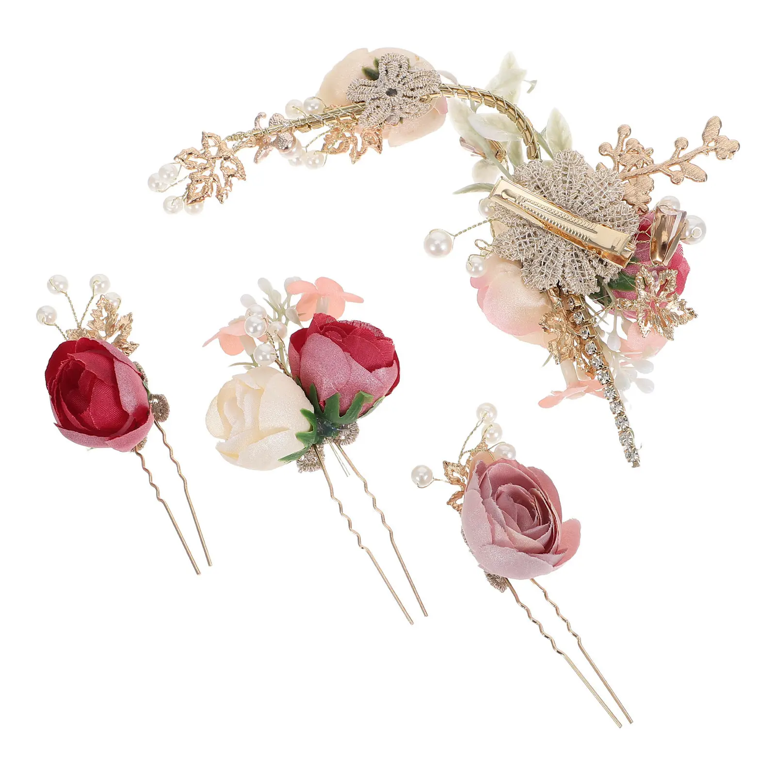 4Pcs Rose Flower Hairpin Bridal Hair Clips Floral Hair Accessories Wedding Bridesmaid U-Shaped Fabric Hairpins