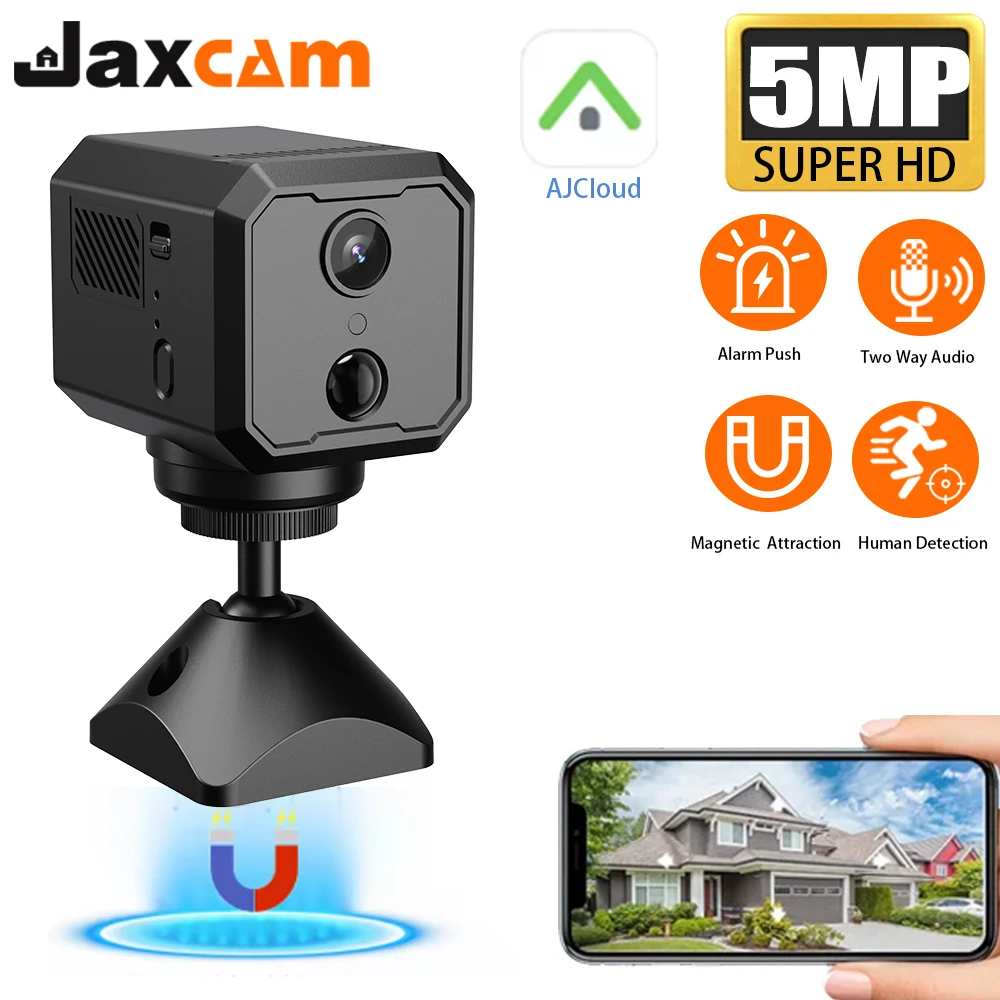 

Jaxcam Mini 5MP с горизонтальным вращением, перезаряжаемая батарея, панорамирование, ночное видение, Wi-Fi, отслеживание движения, сетевая IP-камера видеонаблюдения