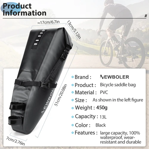 Imagen 2 del producto NEWBOLER-bolsa para bicicleta impermeable, 13L, gran capacidad, bolsa para SILLÍN de bicicleta, bolsa trasera plegable, equipaje para bicicleta de montaña y carretera