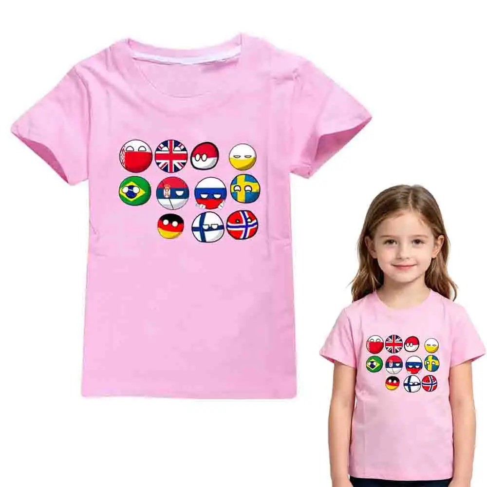 T-Shirt en coton doux pour enfants, imprimé de dessins animés Countryball Polandballs, à manches courtes, décontracté, pour garçons et filles, hauts d'été quotidiens
