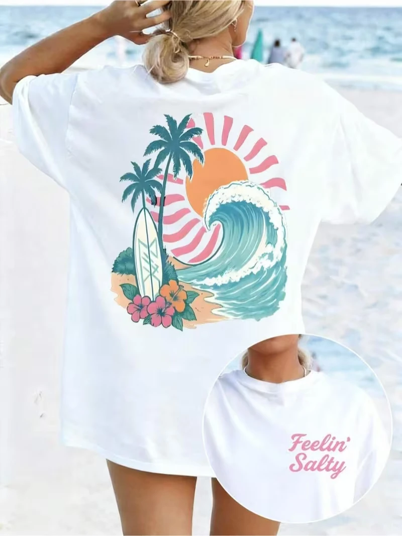Feelin' 2027-26 Salty Beach Print T-shirt Palm Tree Wave Sun Graphic Short Sleeve Tops Women Spring Summer Vacation Casual Tee