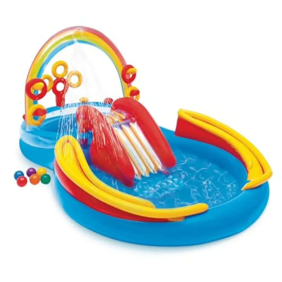 ' inflatable pool with water slide and ring toss for ages 2+, multicolor rainbow design, PVC material, 9.75 ft x 6.3 ft x 53 in