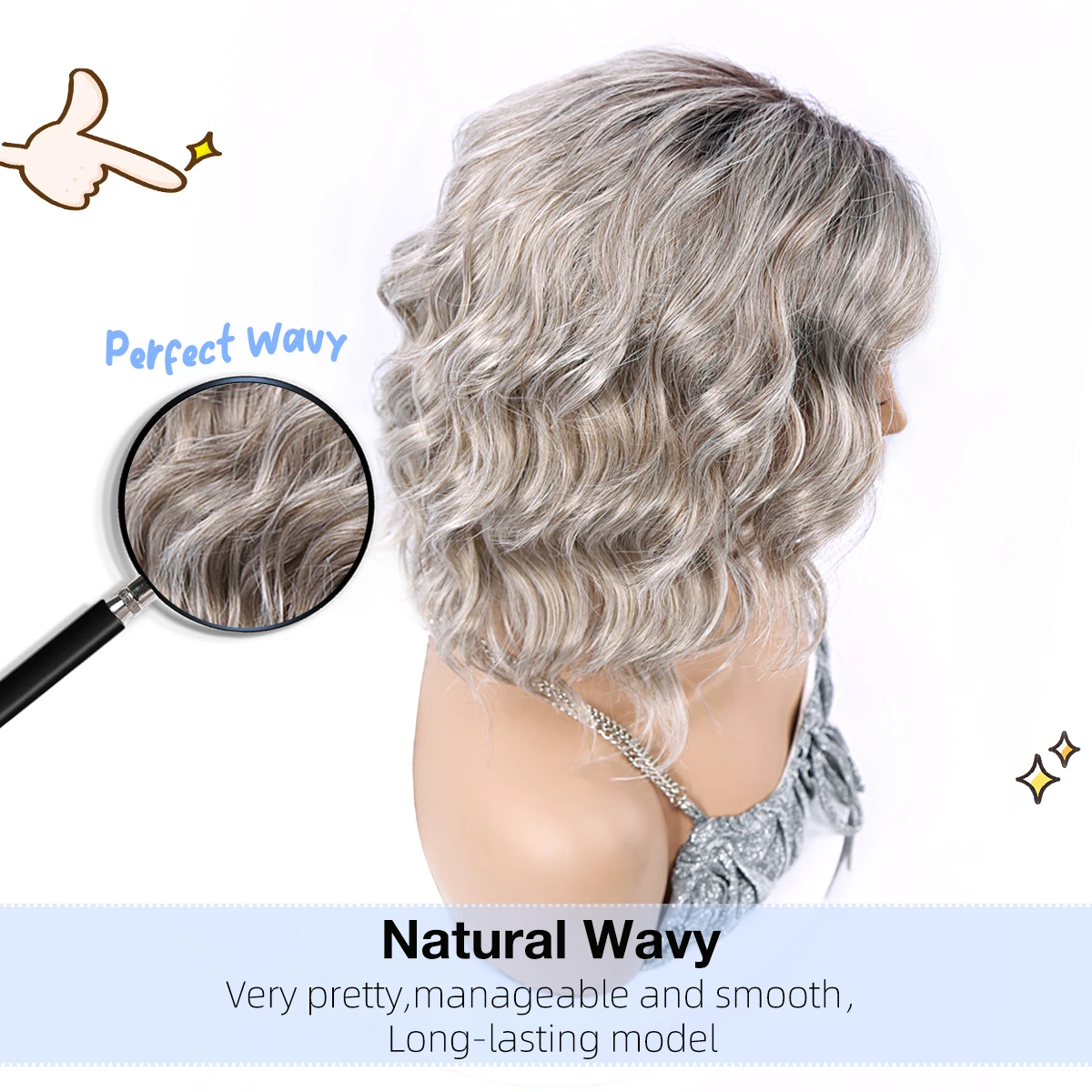 Silver Gray Natural Synthetic wig No bangs Women\'s Short Bob Wave Side Parting For Daily Fashion  Women Or Loveliness Mom