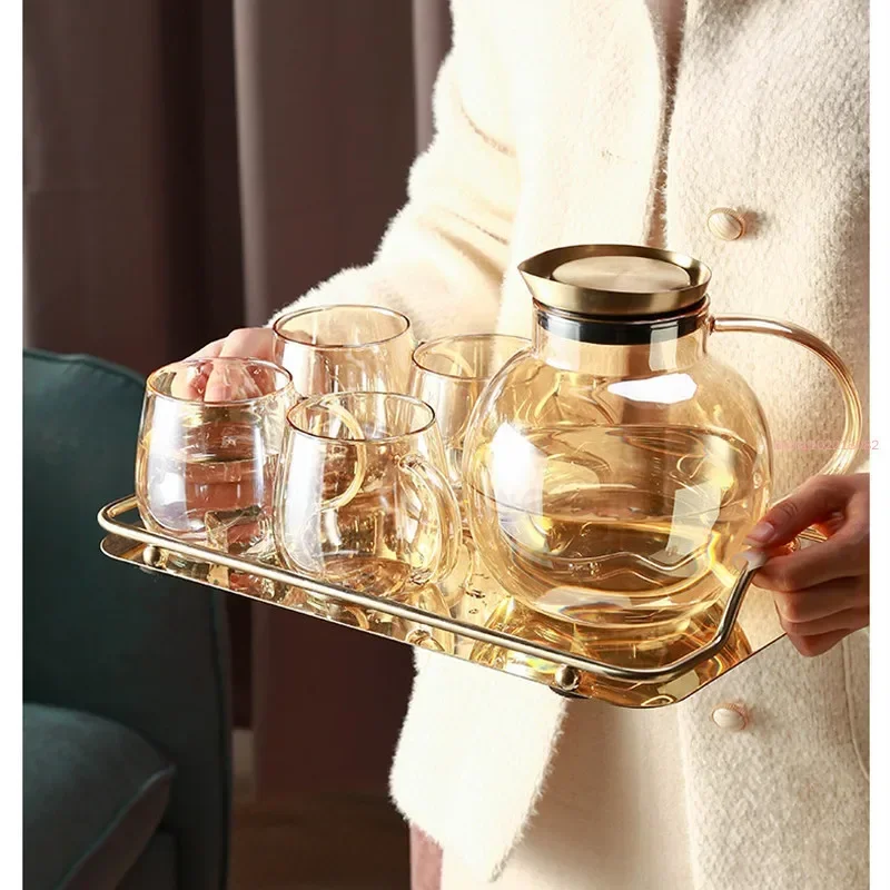 Afternoon Tea Cup Pot Set Living Room 450ml Glass Cup Home Use 1800ml Flower Tea Kettle Amber Teaware 5 Piece Set with Tray