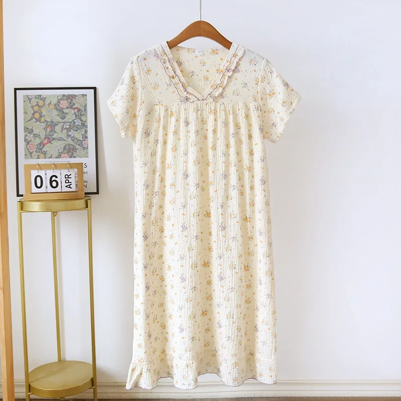 Korean Style Sleepwear Womens Nightgown Floral Night Dress Summer Lace V-neck Pullover Sleep Nightwear Ruffles Pajamas Short Sle