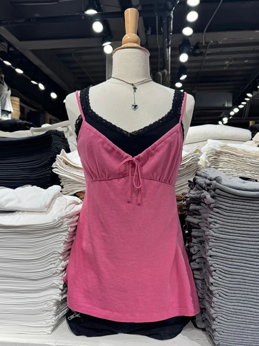 Rosarotes Slim-Fit Tanktop mit Schnürung für Damen, Sommer V-Ausschnitt, Ärmellose Baumwoll-Weste mit Kordelzug, Vintage Einfarbig Süßes Neues Camisole Y2k Top