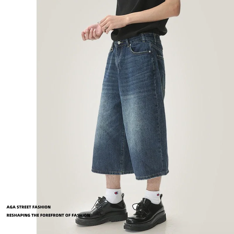 Summer Men Capri Short Jeans Male Fashion Retro Blue Denim Mid Pants Korean Casual Baggy Straight Wide Leg Calf Length Pants