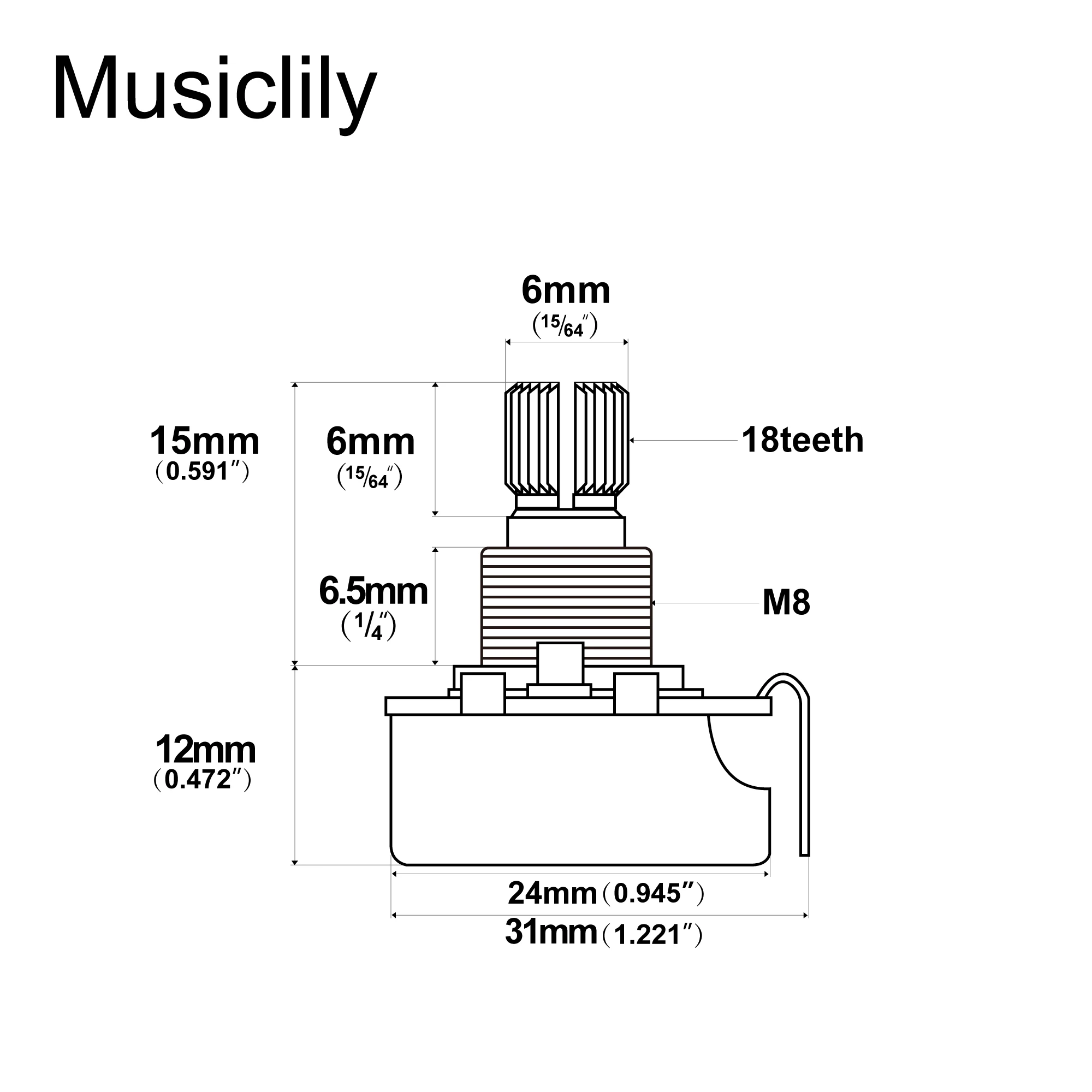 Musiclily Pro A250K/B250K/A500K/B500K Brass Shaft Metric Coarse 18-Spline Split Shaft Pot Audio Taper Linear Taper Potentiometer