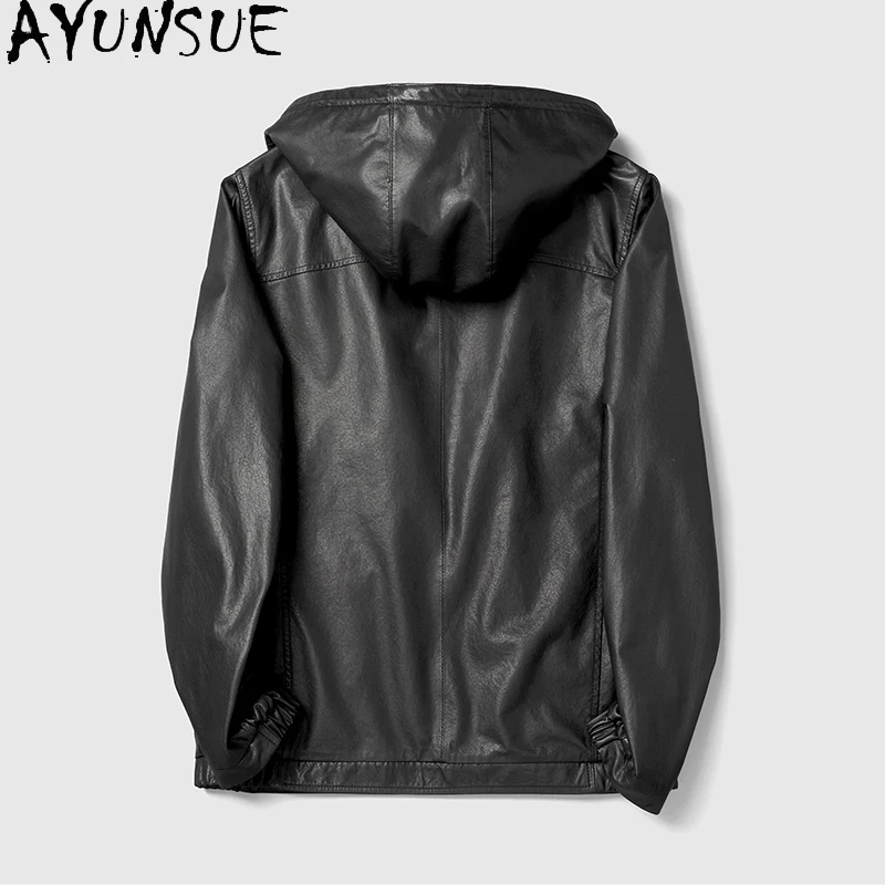 AYUNSUE New Real Sheepskin Leather Coat Men Spring Autumn Short Hooded Genuine Leather Jackets Man Fashion Thin Leather Jacket