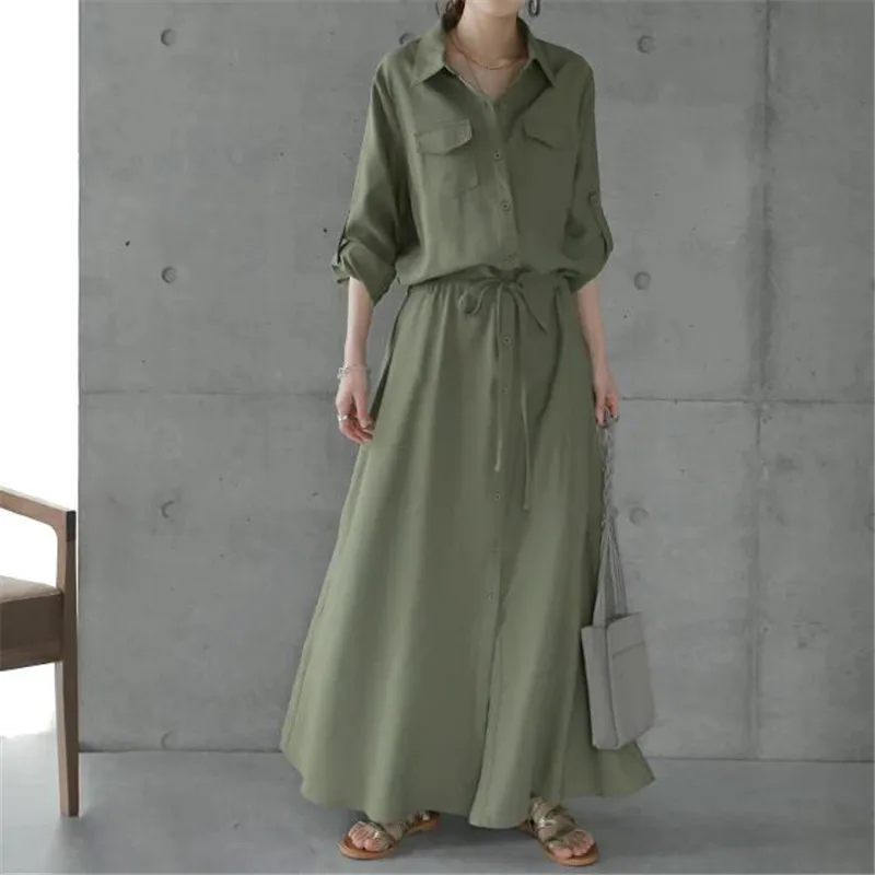 FemaleCommuting Clothing Women Dresses Solid Color Shirts Long  Fashion Casual Lapel Long Sleeve Drawstring Elastic Waist Dress