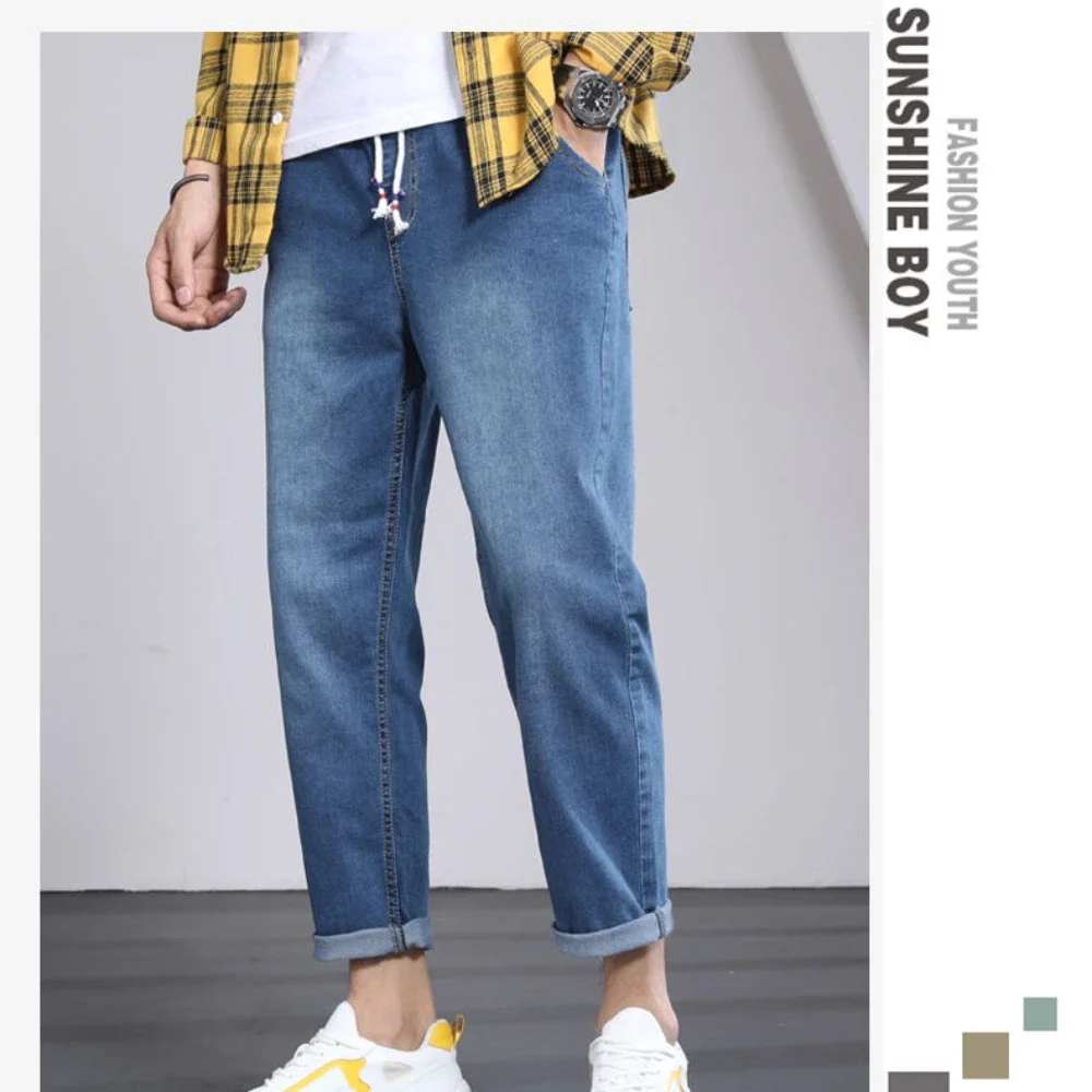 Calça jeans de algodão esticada até o tornozelo, calça jeans justa, coreana, pano de marca masculina, moda casual, nova, 2024