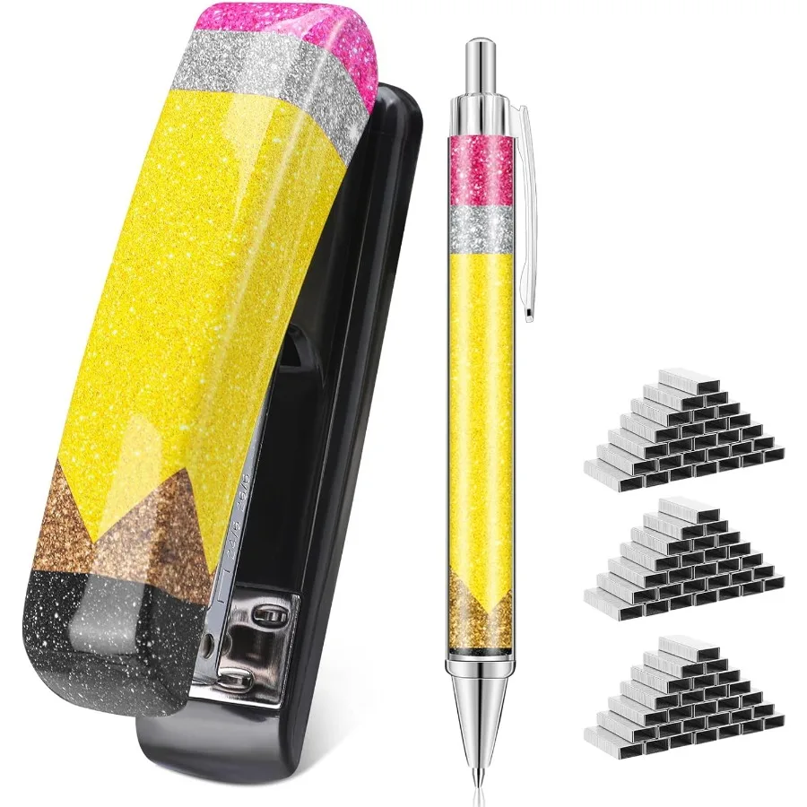Set regalo per apprezzamento dell'insegnante Glitter Peil Cucitrice Penne a sfera Forniture per ufficio Accessori da scrivania Cucitrice per insegnanti con graffette