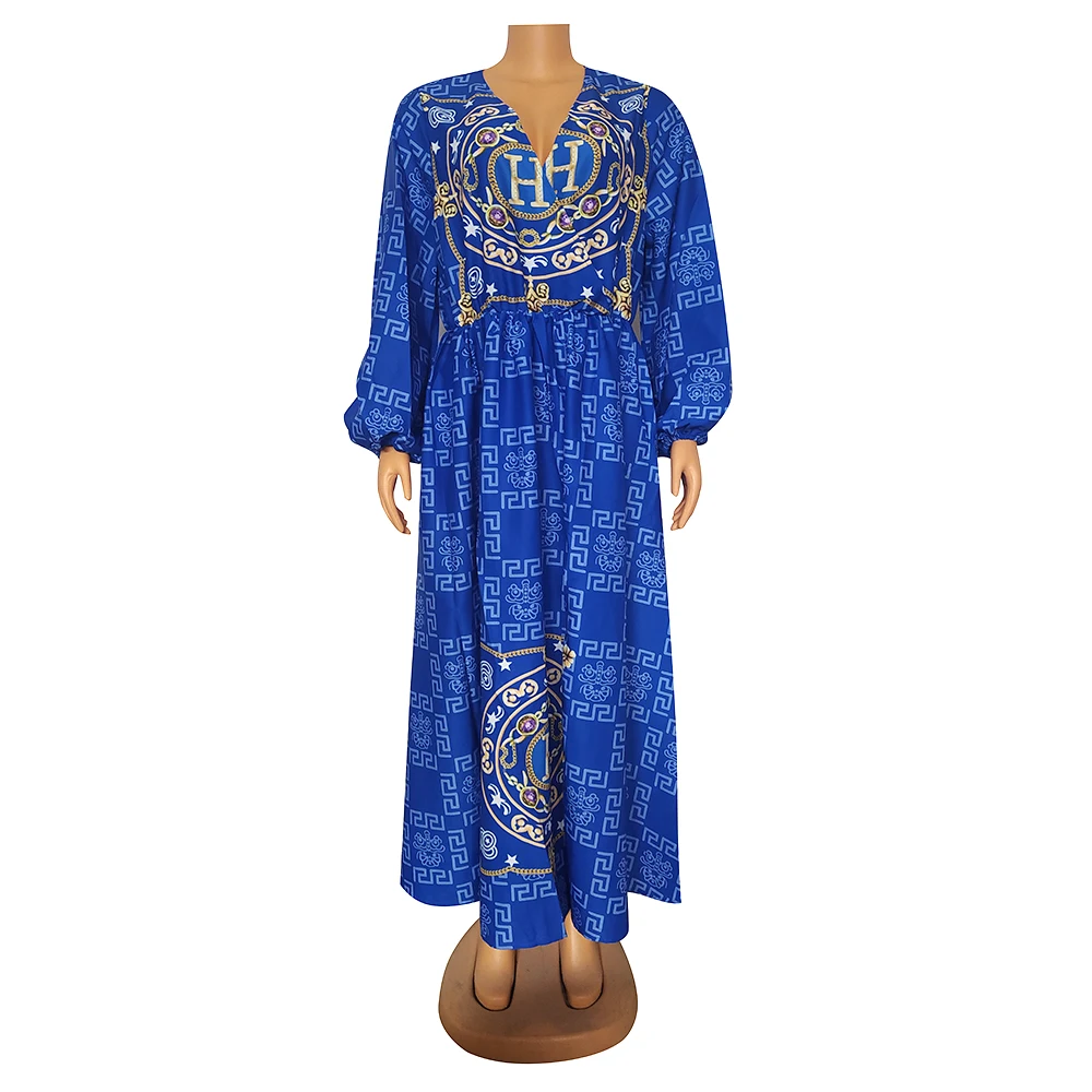 Dashikiage Deep V Maxi Dresses For Women Long Sleeve Elastic Waist Split Vestidos Geometry Printed Fashion Holiday Robe Boubou