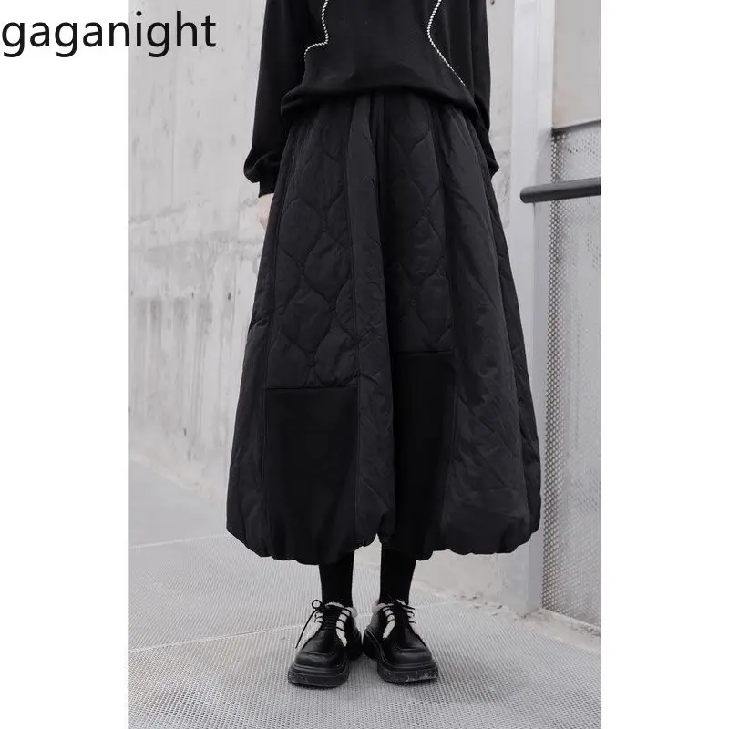 Gaganight Women Black Fashion Knitted Spliced Thick Cotton Padded Skirt 2024 Autumn Winter New Mid Long Fluffy Warm Half Skirt