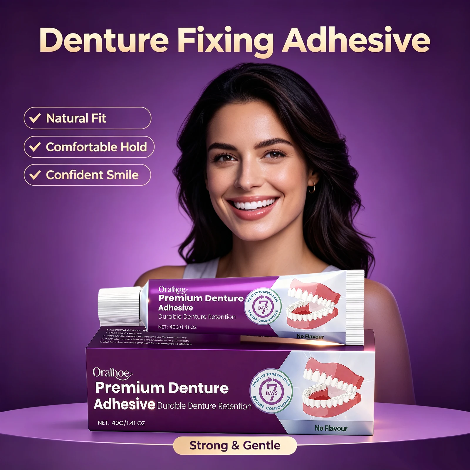 Denture Adhesive Cream Natural Fit Fills Gaps Long Lasting Hold Firm Fit Comfortable Wear Long Lasting Bond Gentle Gum Oral Care