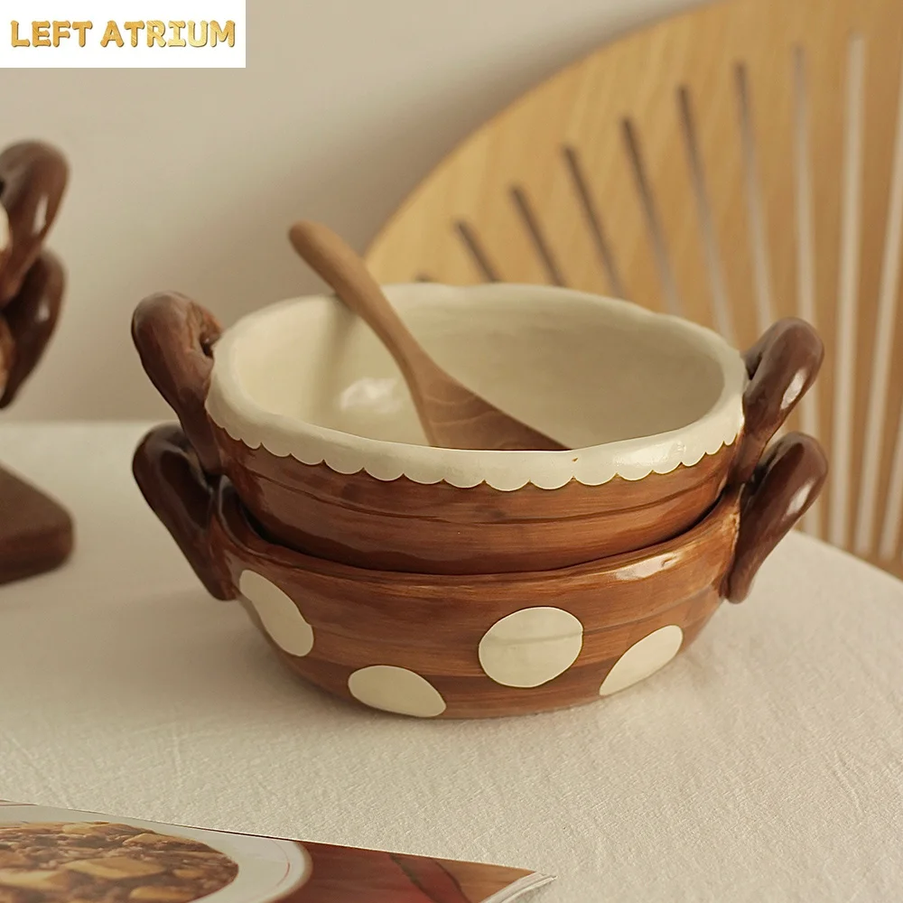 Japanese Style Vintage Porcelain Bowl Double Handles Contrast Color High Grade Ceramic Food Container Yogurt Fruit Salad Bowls view 4