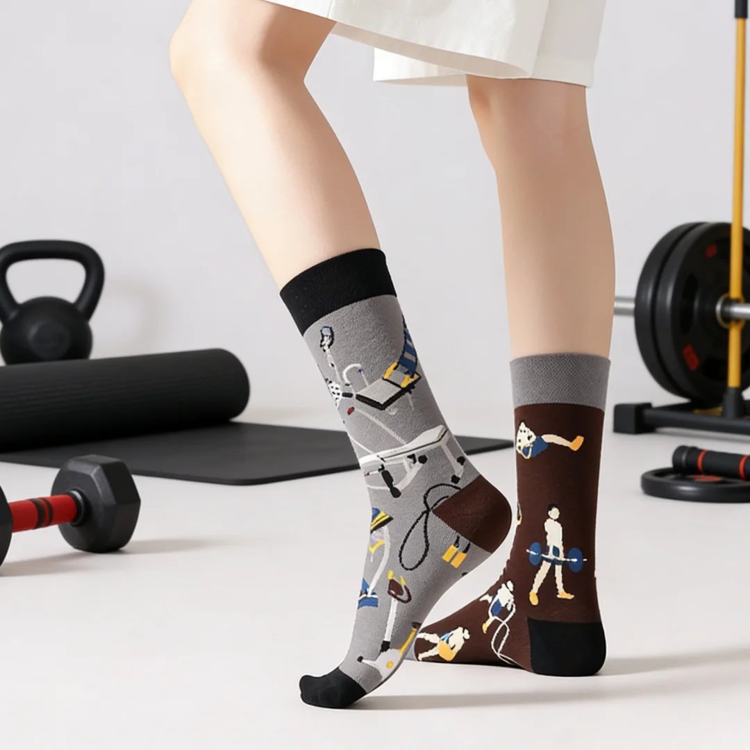 

1 Pair Fun Sports Character Print AB Style Mid Socks,Suit In All Seasons
