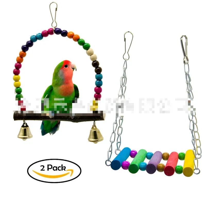 2pcs Bird Supplies Parrot Toy Combination 2 Pieces Set Hanging Chain Swing and Wood Belt Leather Bead Swing