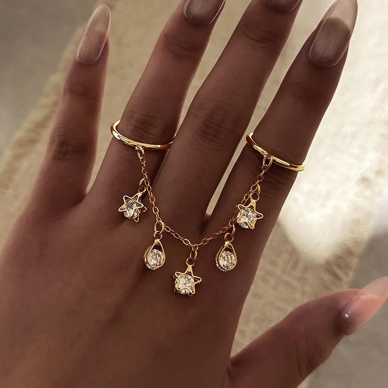 

New Double Hoop Star Teardrop Zircon Tassel Pendant Rings for Women Boho Tarnish Free Waterproof Luxury Vintage Jewelry Gifts