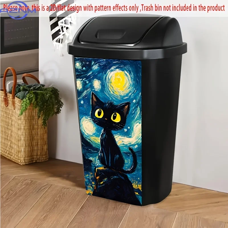 1pc Big Eyed Black Cat Under the Starry Sky 2D Flat Trash Can Sticker, 37.01x 81.99cm, Glossy PVC, Creative Galaxy Style Wall view 2