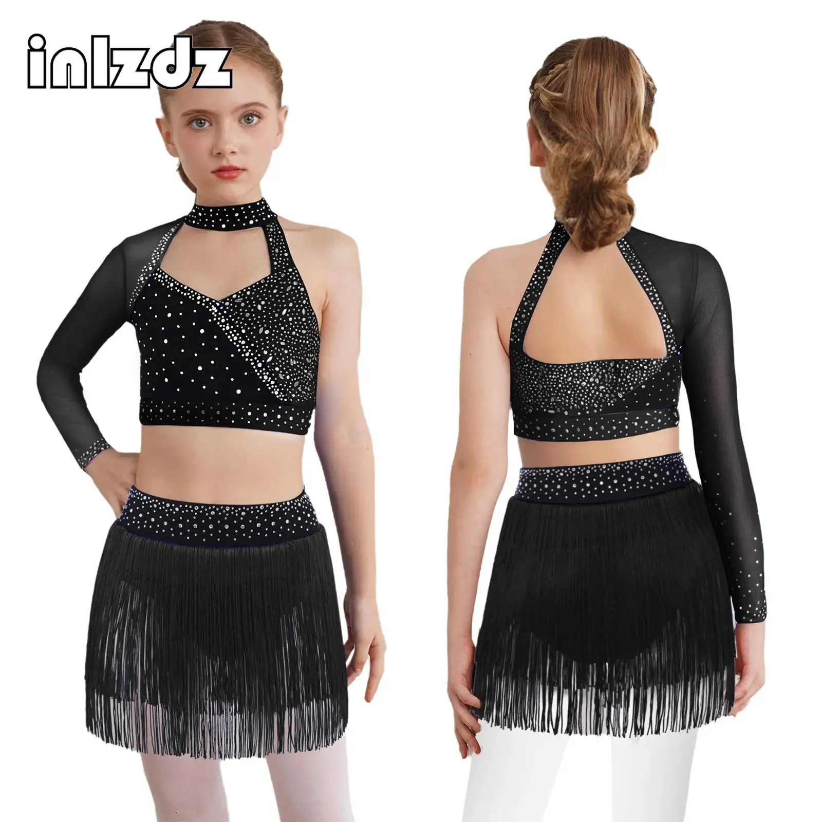 

Kids Girls Latin Tango Ballroom Dance Costume One Shoulder Crop Top+Briefs Skirt Suit for Dance Party Performance Competition