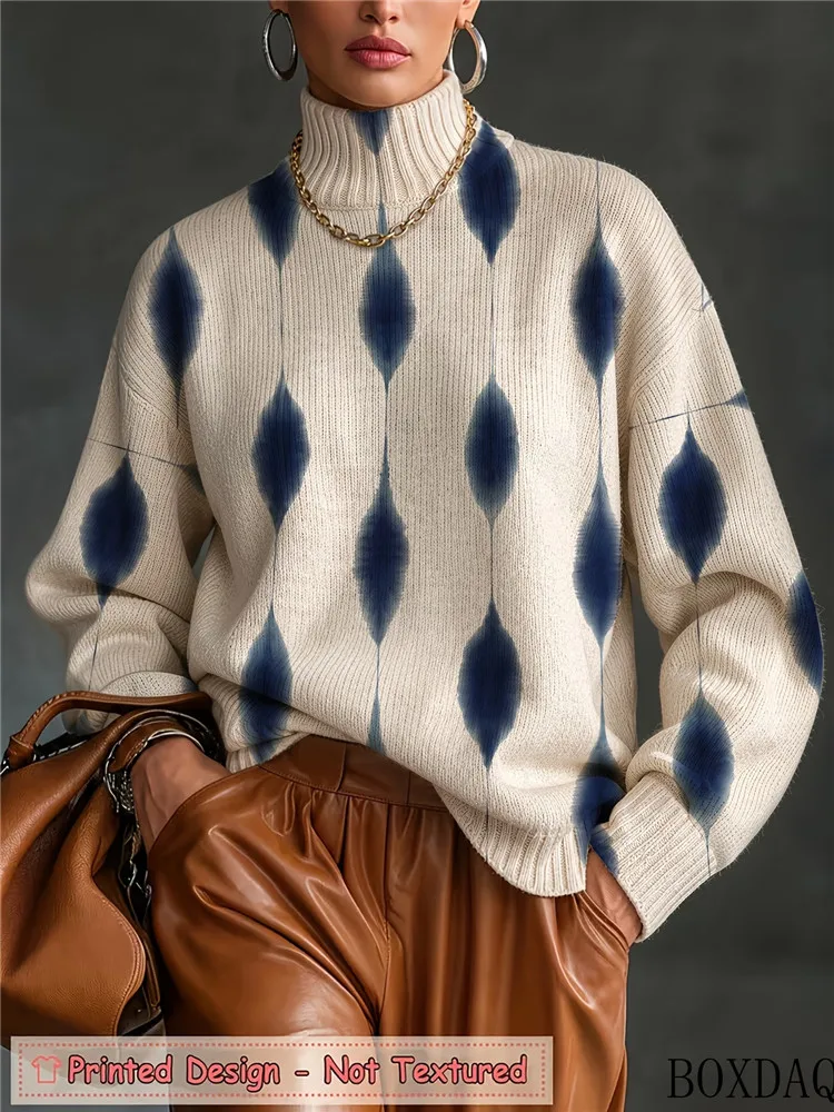 Women Fall Winter Shirt Turtleneck Pullover Geometric Print Long Sleeve Loose Blouse Simple Stylish Knit Ladies Chic Casual Tops