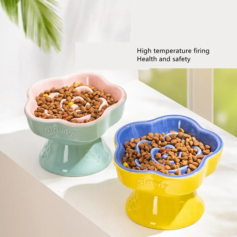 High Foot Cat Ceramic Slow Food Bowl Pet Drinking Eating Feeders Small Puppy Dogs Snack Water Bowls Cats Feeding Accessories