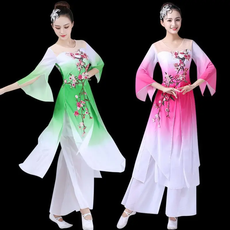 2024Hanfu Frauen klassische Tanz Performance Kostüm weibliche ethnische Jiangnan Regenschirm Tanz Fan Tanz erwachsene weibliche Yangko Kleid