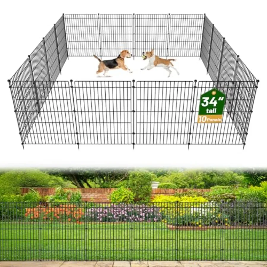 10 Panels No Dig Garden Fence Animal Barrier 34in H × 22.5ft(L) Decorative Metal Outdoor Dog Fence Rustproof Pet Fencing for Ya