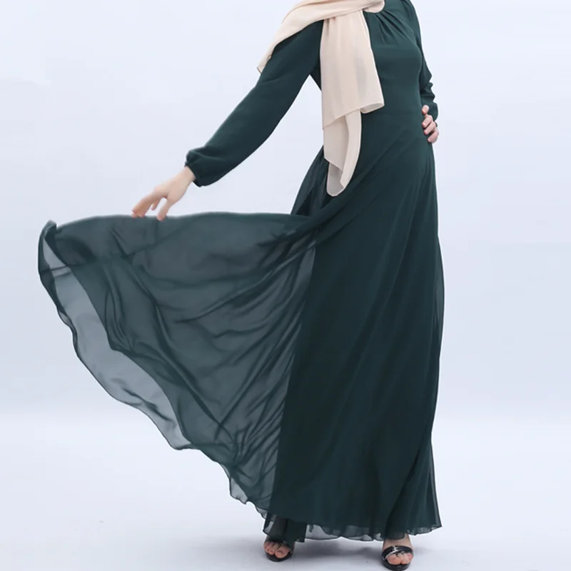 2025 New Muslim Abayat Dress for Women Monochromatic Slim Long Sleeve A Line Skirt Round Neck Women's DressEurope and America