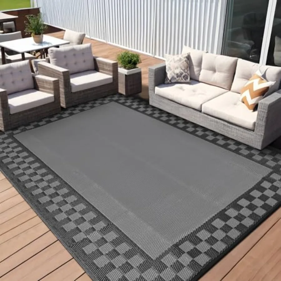 

Outdoor patio rug for deck and porch use, plastic straw material, black and grey color, waterproof, reversible, foldable, fade-