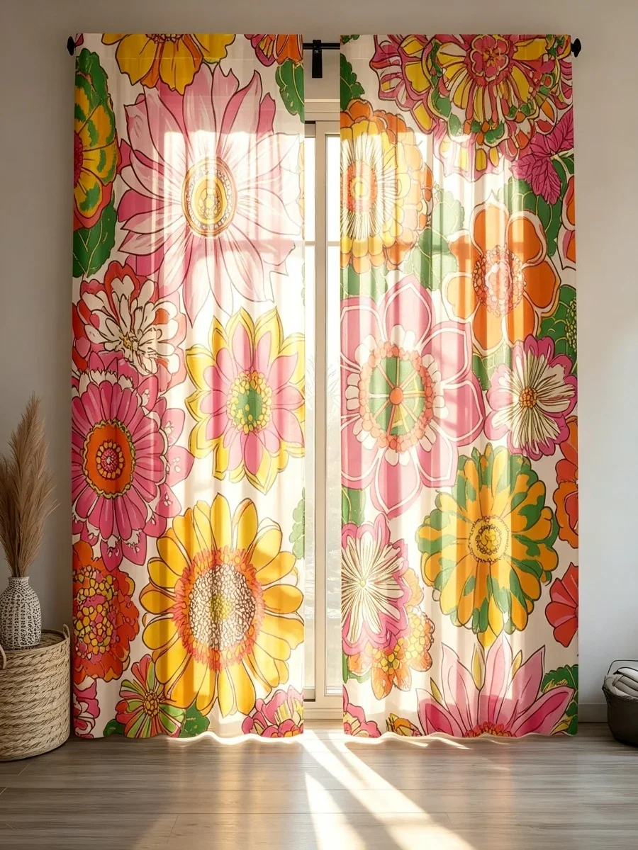 Vibrant Floral Pattern Curtains for Living Room Home Decor Semi-Sheer Window Drapes Bright Colorful Bloom Style