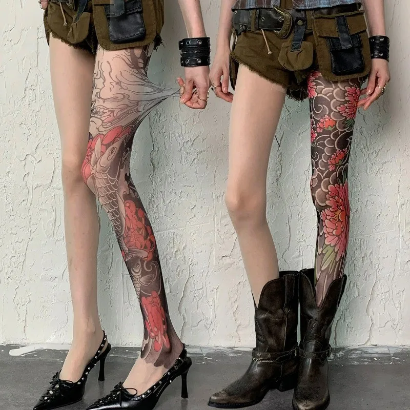Women's Fashion Tattoo Printed Pantyhose Y2K Harajuku Hip Hop Vintage High Stretch Sexy Tights Punk Gothic Summer Thin Stockings