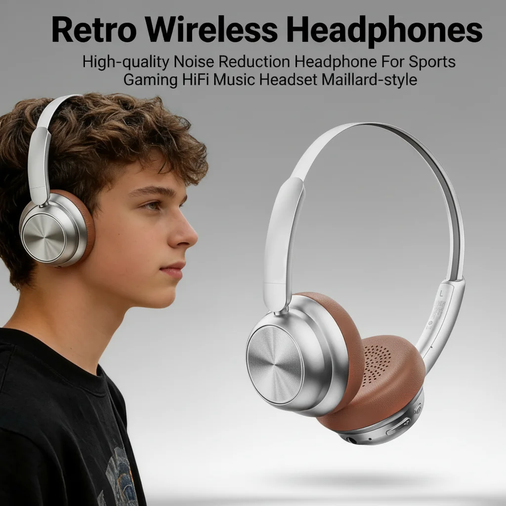 

Retro Wireless Headphones High-quality Noise Reduction Headphone For Sports Gaming HiFi Music Headset Maillard-style