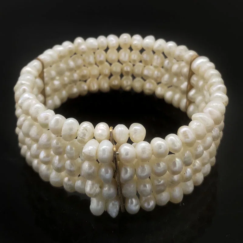 7 inches 4 Rows Memory Wire Natural 4-5mm Button Pearl Bangle