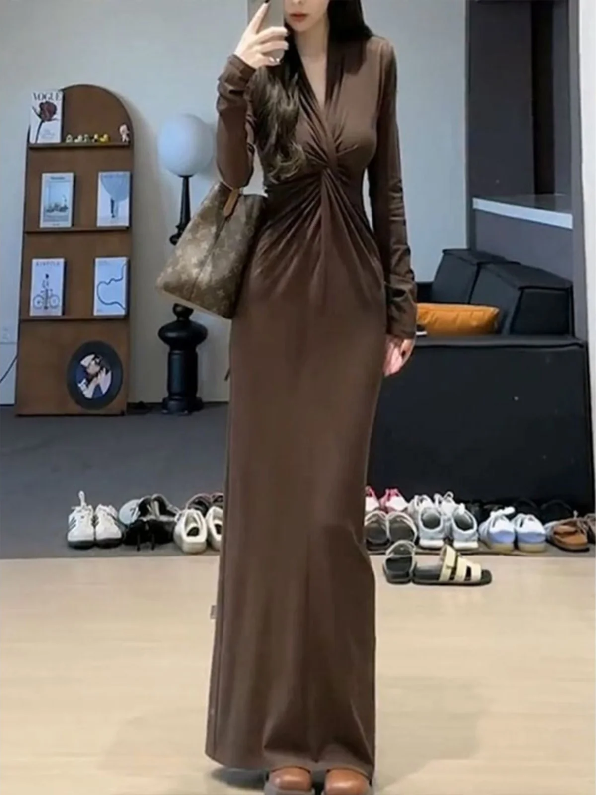 

Plus Size Ele V-Ne Long Sve Dr Knot High Waist A-Line Skirt Korean Sle Commute High Quali Women's plus Size Dr