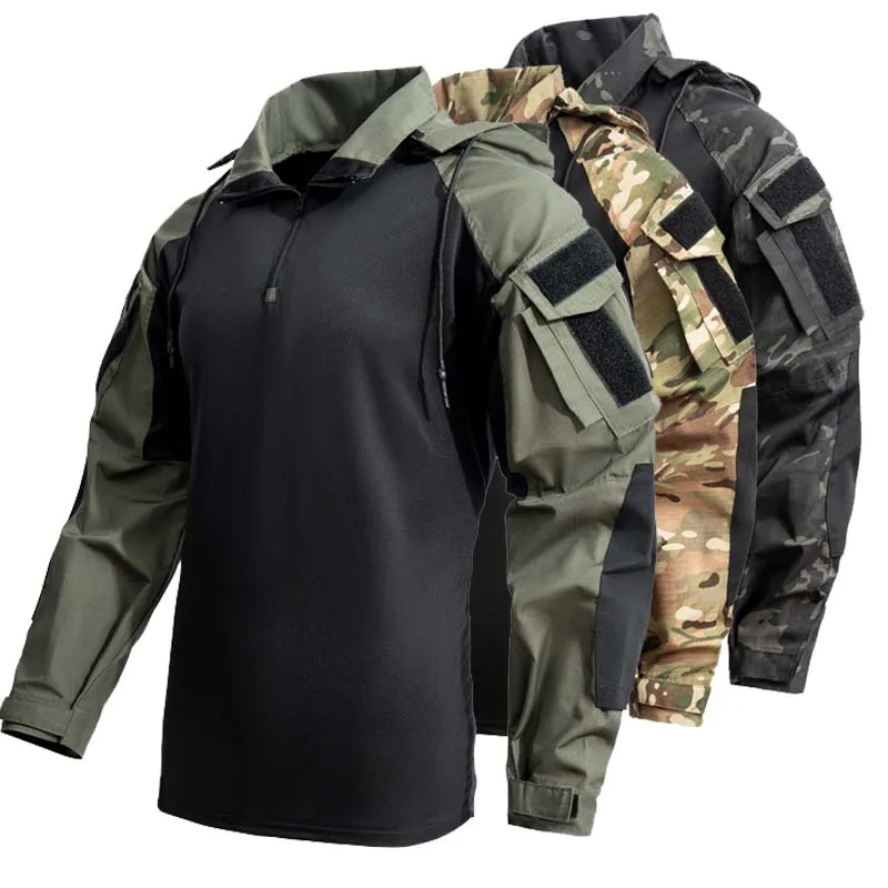 

Men's Camouflage Tactical Shirts +pads 1/4 Zip Long Sleeve Combat T Shirt Hooded Camo Uniform Airsoft Shirts