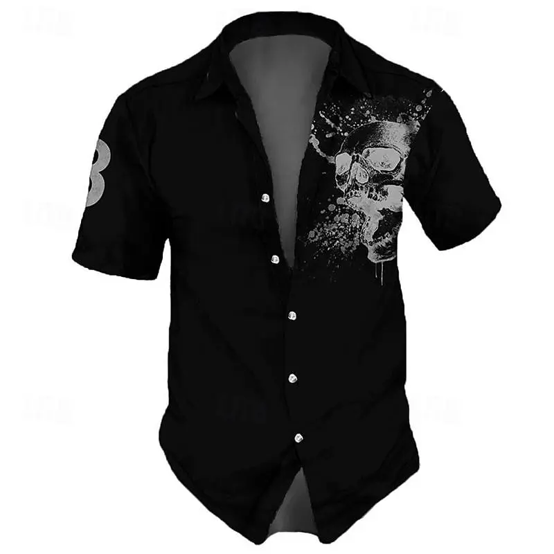 2024 Men\'s Shirt Lapel Street Retro Shirt Men\'s Skull Hip Hop Short Sleeve Top Party Summer Casual Men\'s Hawaiian Shirt