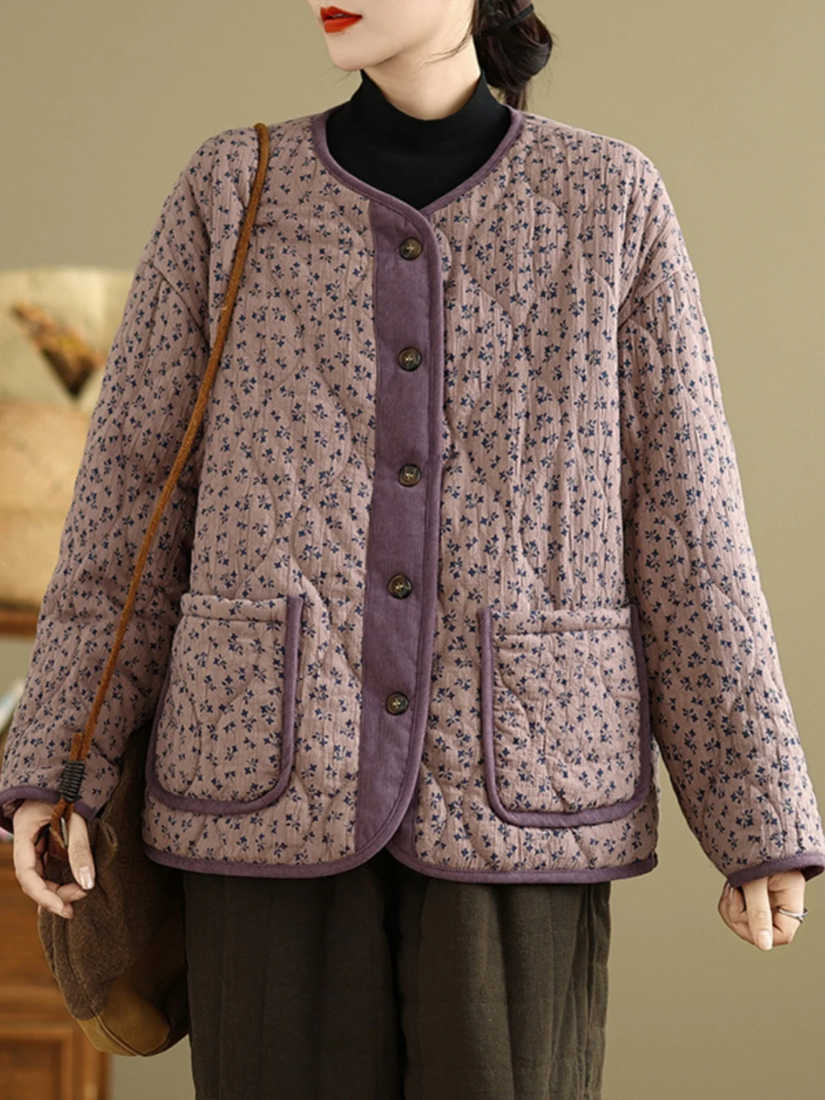 

Retro Floral Cotton Jaet Women's Loose Casual round Ne Thiened Warm Small Cotton Coat Cotton Outerwear Winter Coat