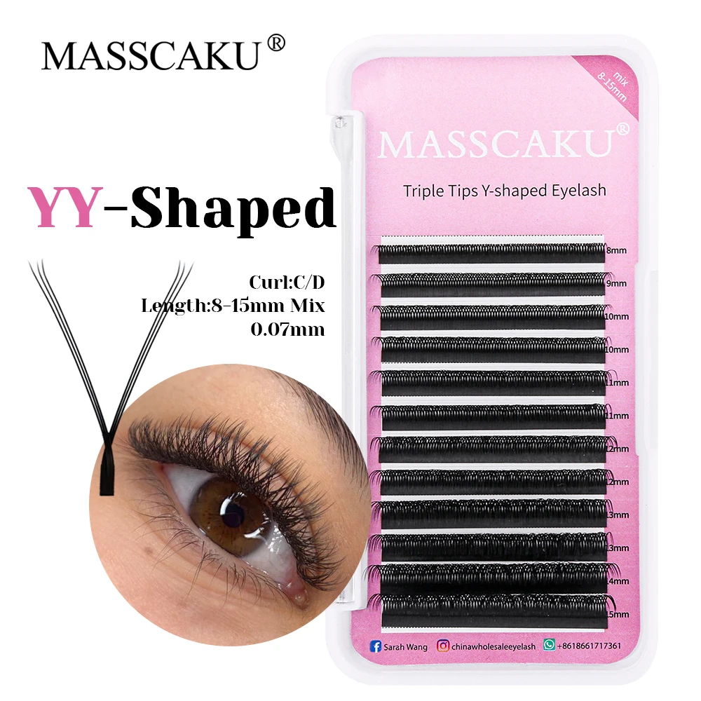 

MASSCAKU High Quality 12 Lines Multi-texture Double Split Tips Lashes Matte Dark Black Rapid Grafting YY Shaped Eyelash in Stock