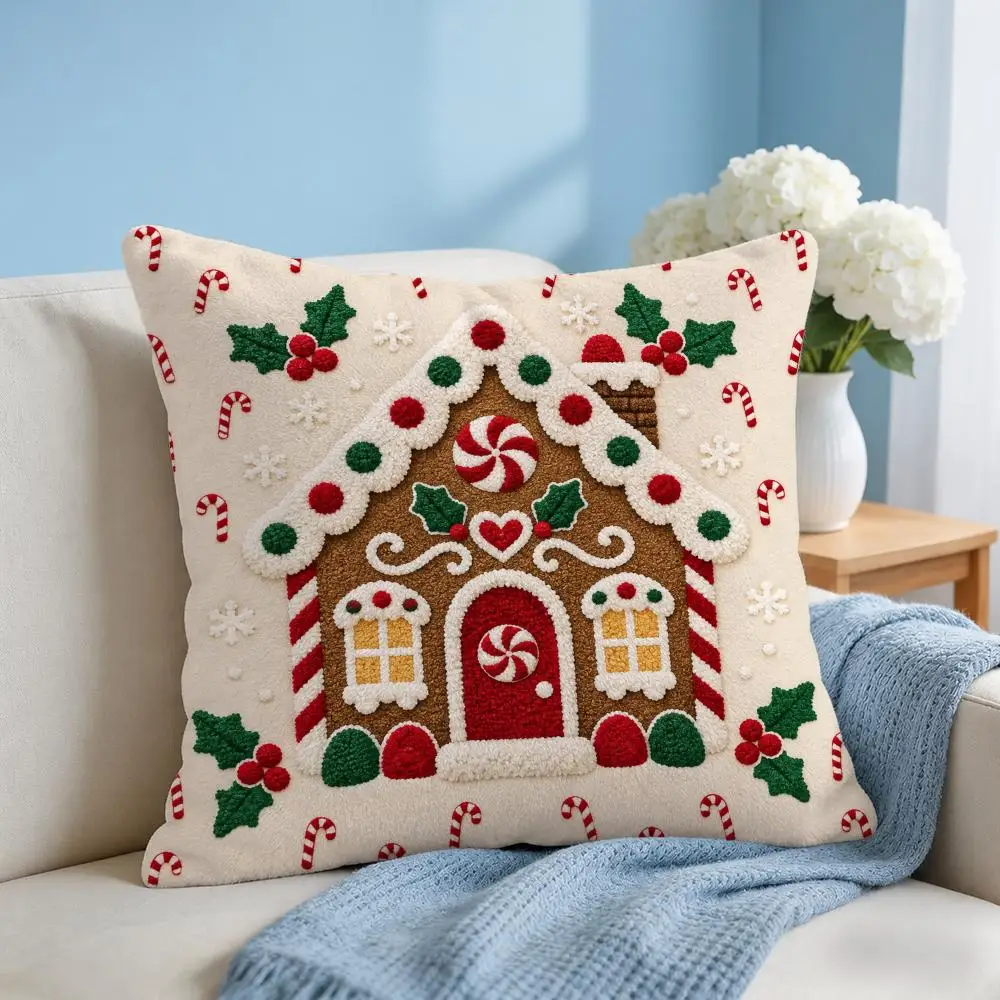 Tuft-Style Gingham Christmas Tree Motif Cushion Cover Soft Short‑Plush Pillowcase, Sofa Bedroom Home Decor, Holiday Gift