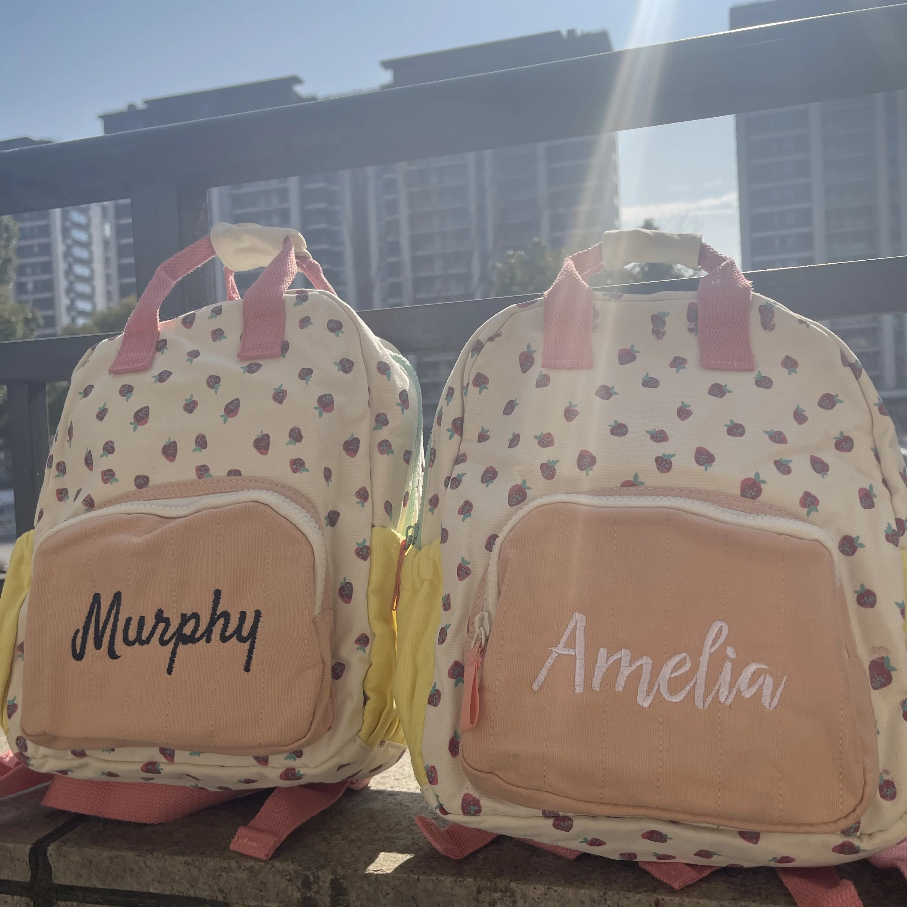 

Personalized Name Kids Strawberry Backpack Custom Primary School Schoolbag Girls Outgoing Snackbag New Cotton Canvas Backpack