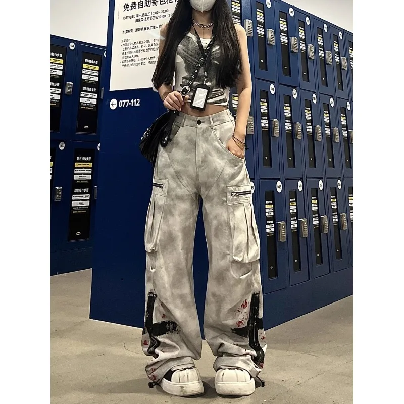 Olivegirl Women's Jeans Trousers Denim Pants Multi Pocket Work Plus Size Cross Retro Wide-legged Dragging Oversized Baggy Pants