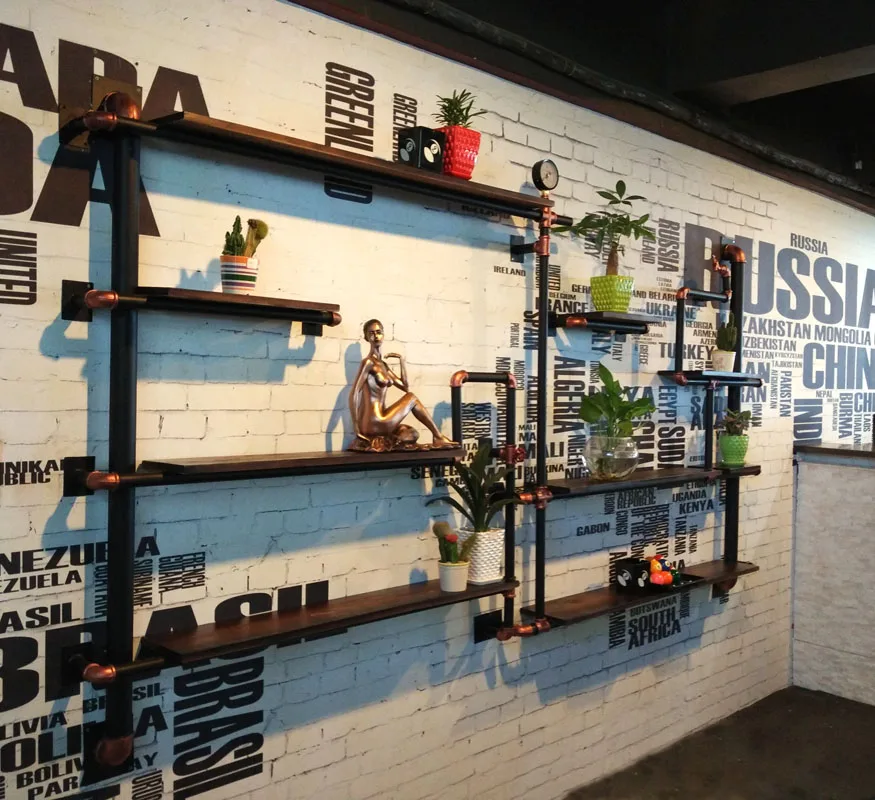 

Wrought iron wall water pipe rack baffle bar retro wall decoration wall hanging industrial style creative solid wood bookshelf