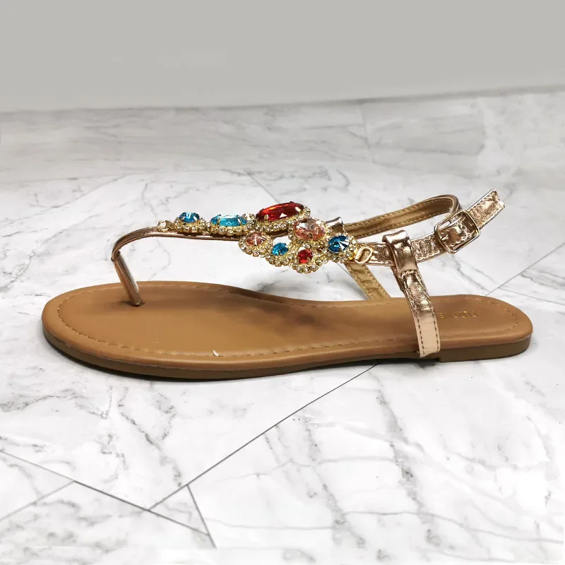 Women\'s Sandals 2023 New Summer Casual Flat Sandal Straps Diamonds Fashion Gladiator Woman Beach Shoes Gold Large Size 37-41