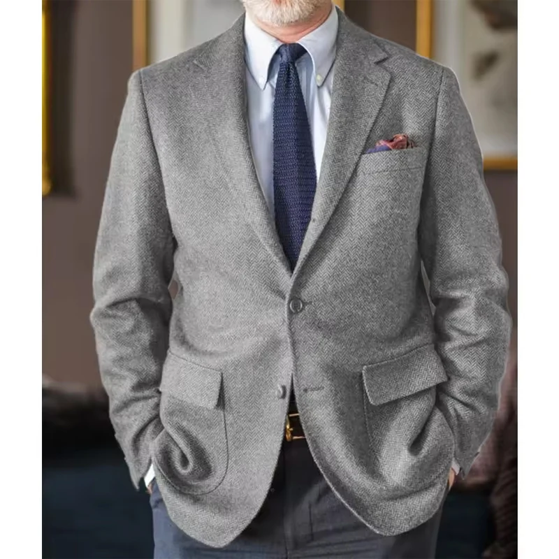 Men's Herringbone Tweed Sport Coat British Notch Lapel Two Button Blazer Vintage Casual Jacket Business Everyday Wedding Work