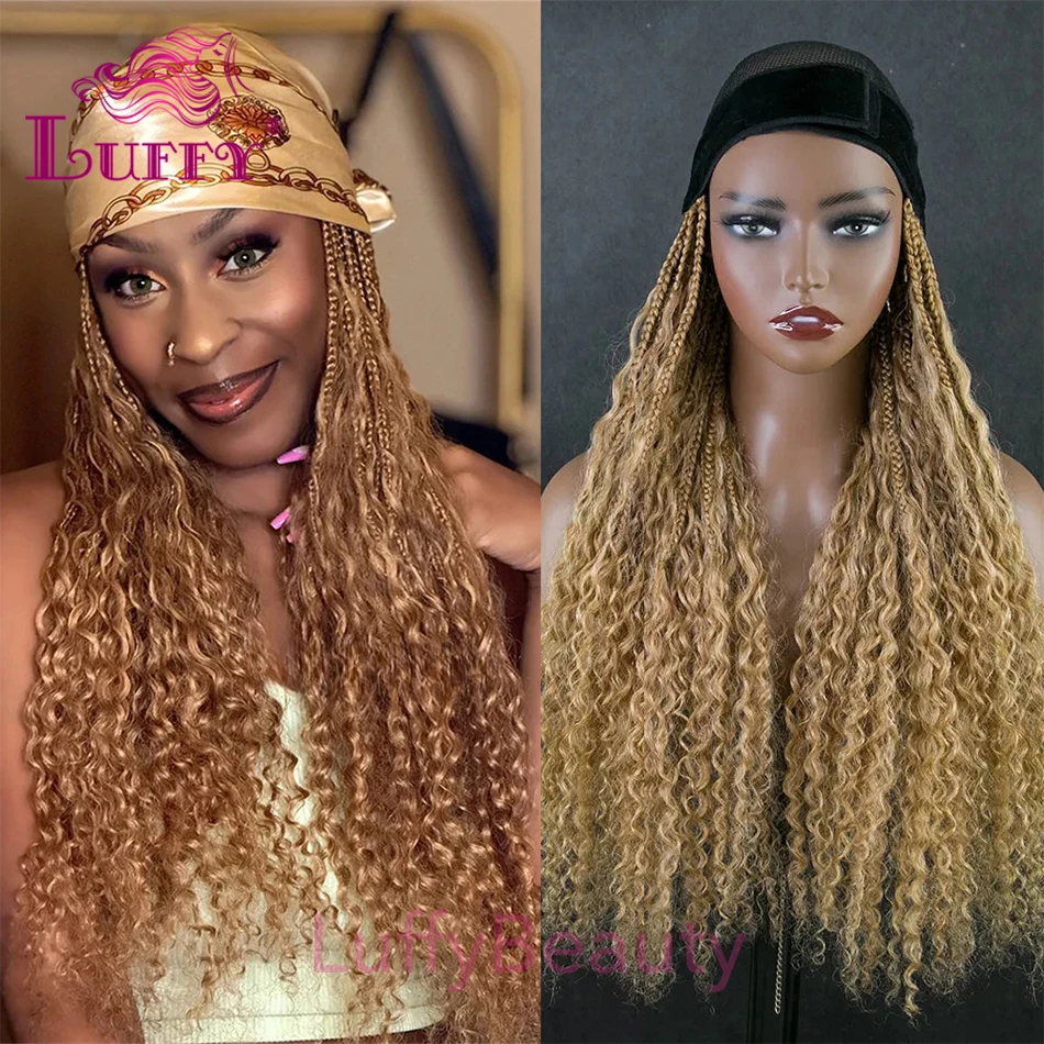 Boho Box Braids Band Wig, cabelo humano, encaracolado termina, cabeça banda peruca, agarrar e ir trançado extensões de cabelo, cor 27